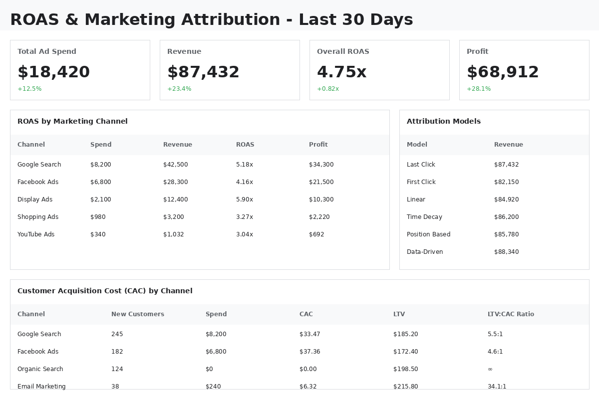 Return on ad spend (ROAS) dashboard showing marketing channel performance, customer acquisition cost (CAC), lifetime value (LTV), and attribution model comparison for WooCommerce ecommerce tracking