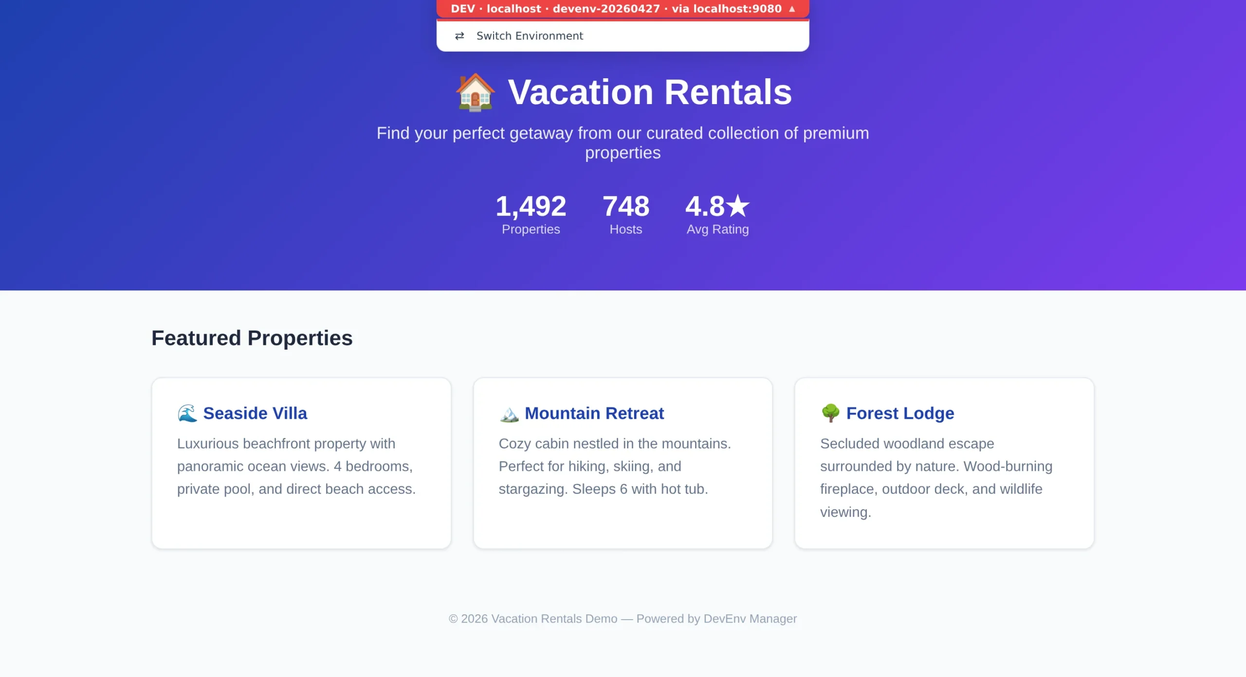 DevEnv Manager badge dropdown menu showing environment switching and quick navigation links