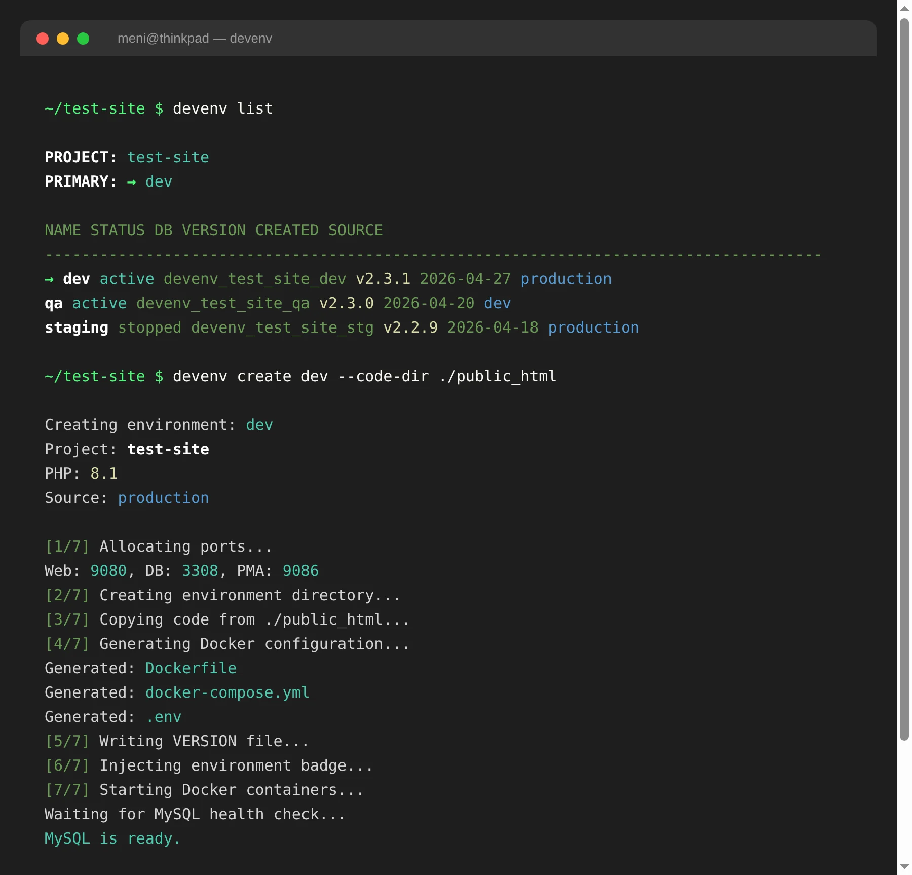 DevEnv Manager CLI showing devenv list command output with multiple environments and devenv create command creating a new Docker-based PHP development environment