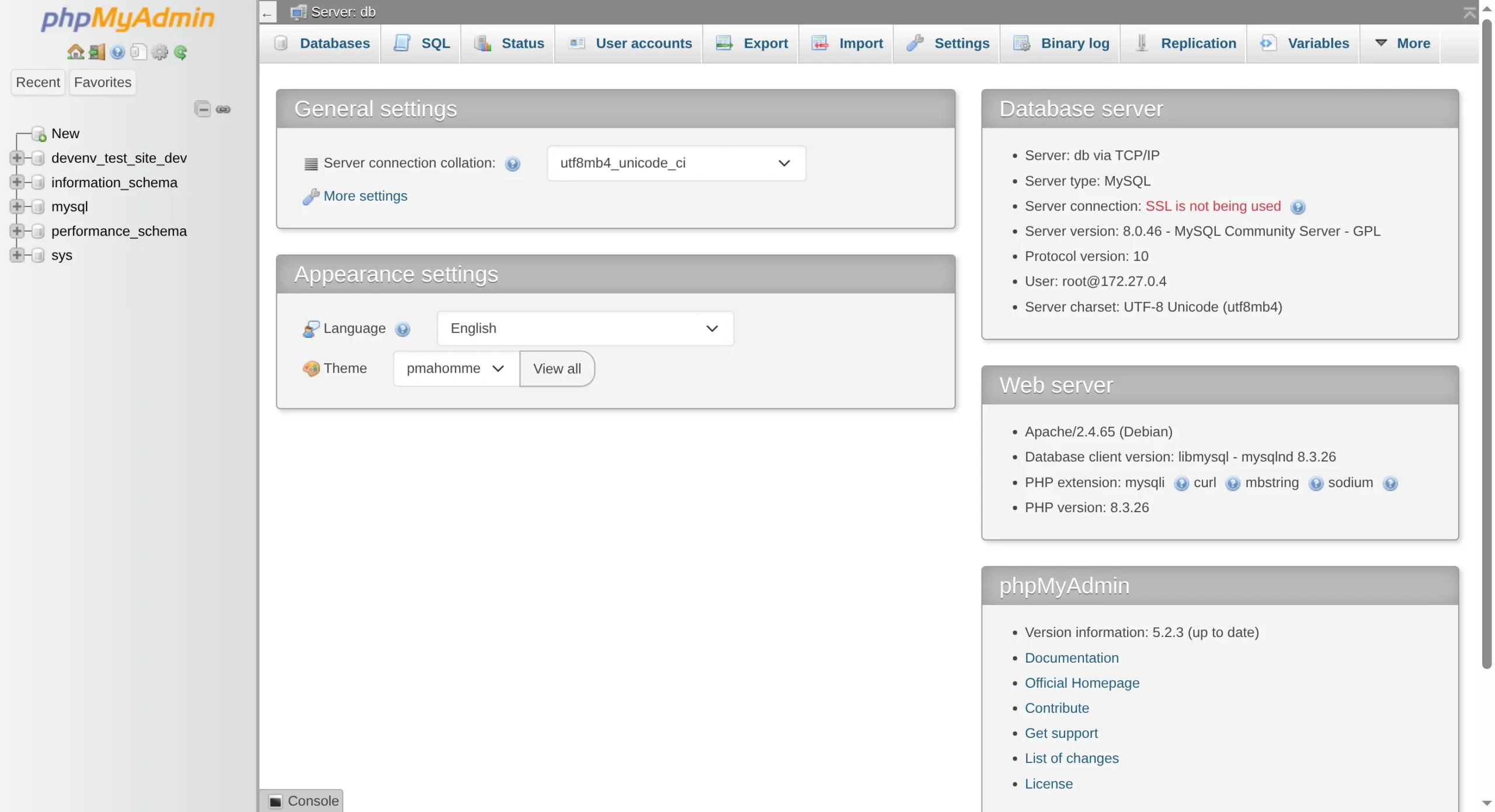 phpMyAdmin interface showing isolated devenv_test_site_dev database for the DevEnv Manager development environment